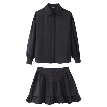Women's Fashion Lapel Buttoned Blouse with Ruffle Hem Skirt Set