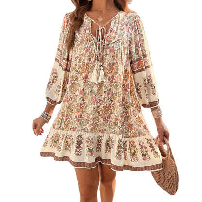 European and American women's spring and summer bohemian casual V-neck printed dress