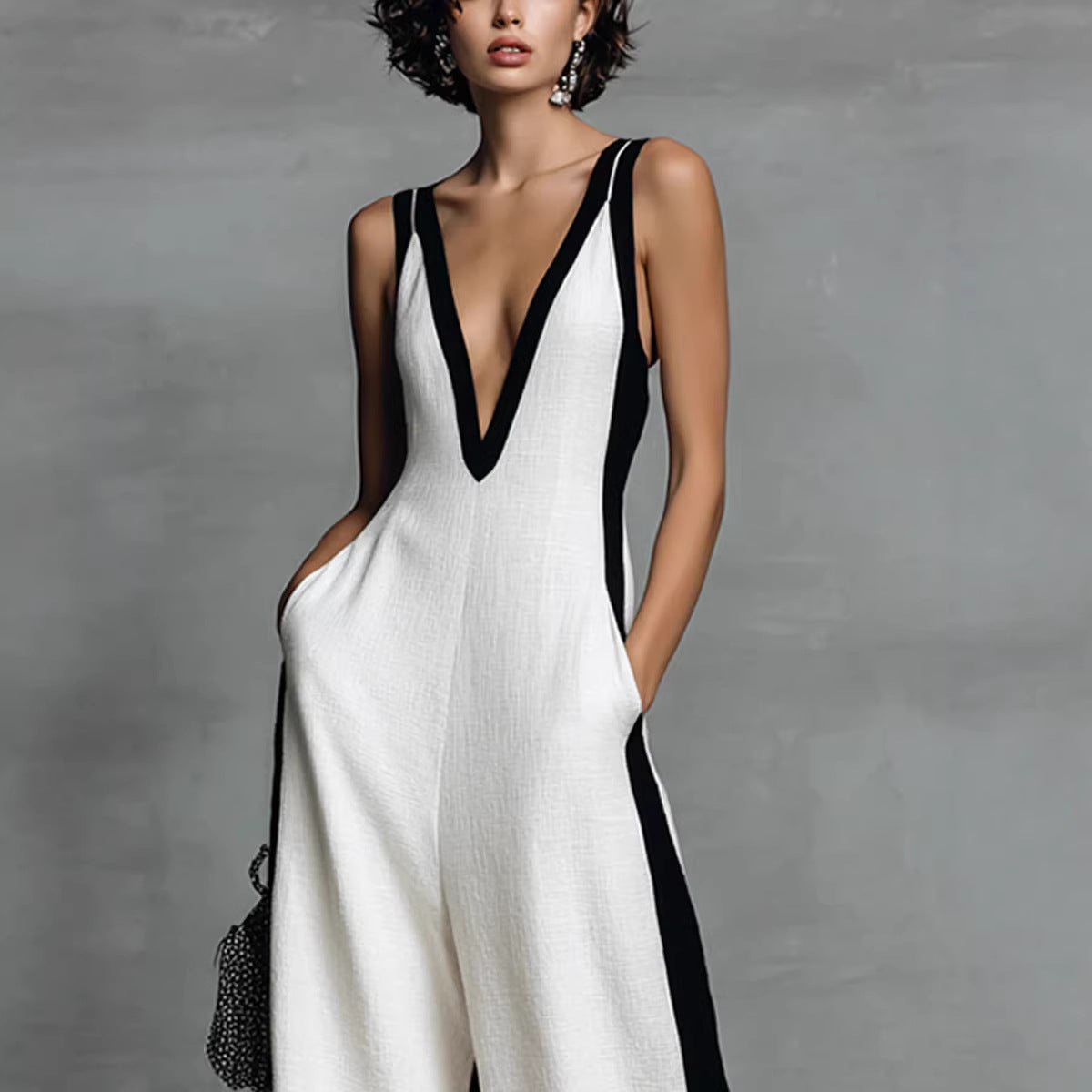 Fashion Color-block Sleeveless V-neck Wide-leg Jumpsuit for Women
