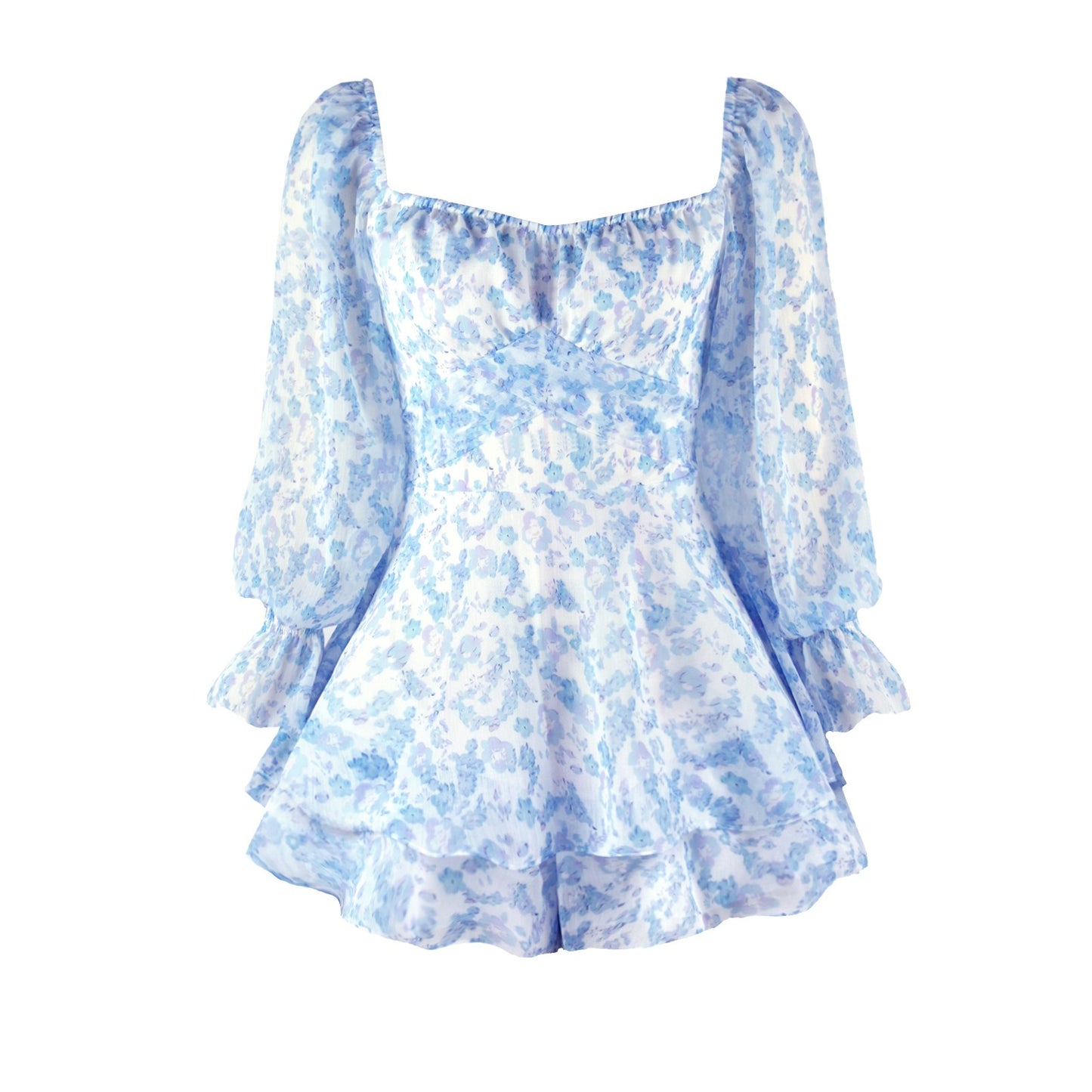 New Floral Digital Printing Womens Neck Zipper Strap Long Sleeve jumpsuit European and American Fashion Shorts
