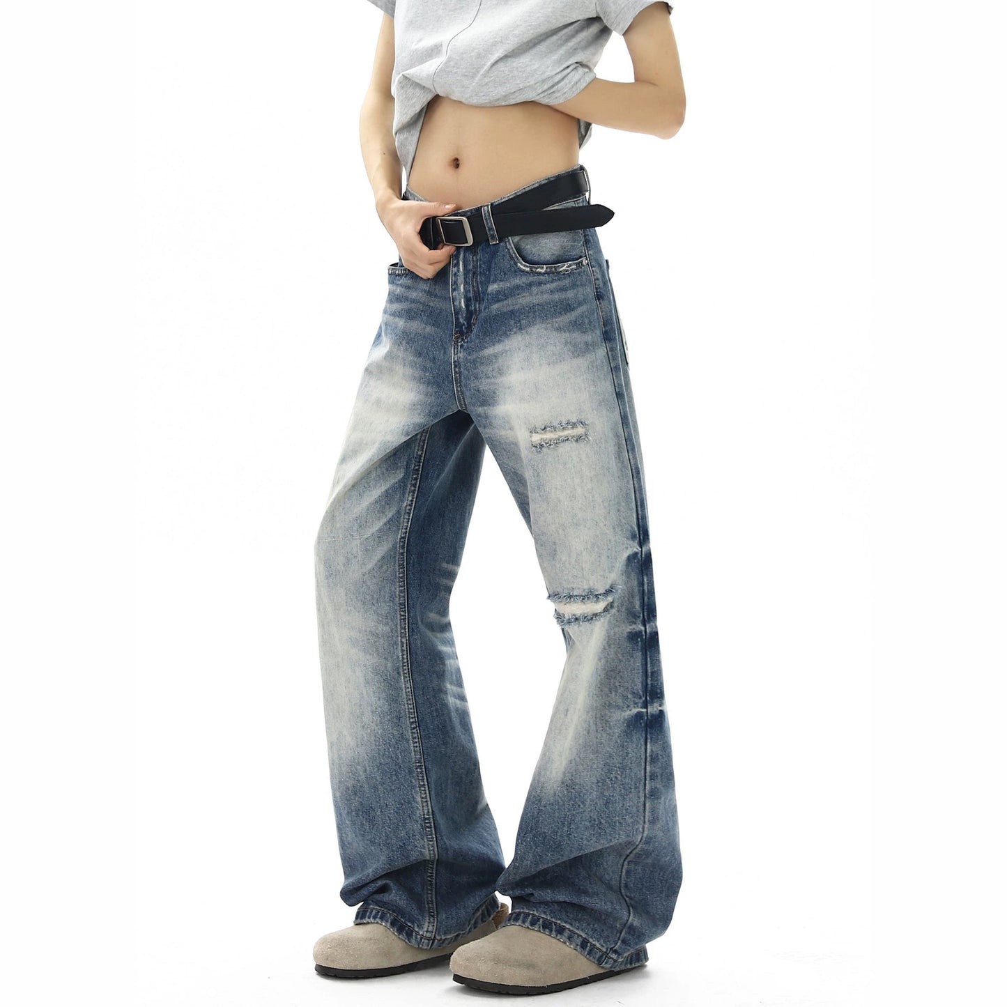 Street Style Washed Distressed Denim Pants