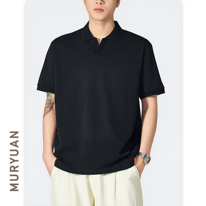 Seagull Collar Turn-Down Polo Shirt Men's Versatile Textured Minimalist T-Shirt