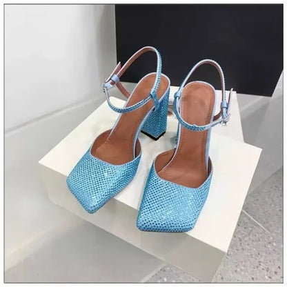 Rhinestone Thick High Heels and Toe Sandals for Women, Retro Mary Jane Single Shoes, Fashionable and Sexy, European and American