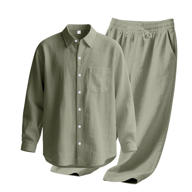 Linen solid color lapel buckle casual long sleeved pants men's suit