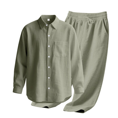 Linen solid color lapel buckle casual long sleeved pants men's suit