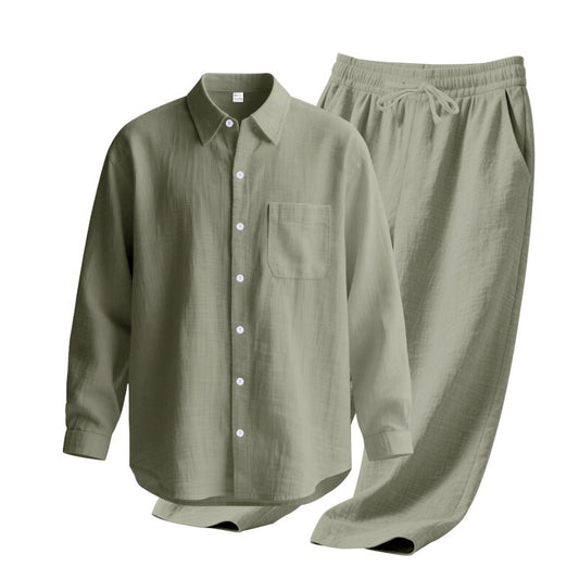 Linen solid color lapel buckle casual long sleeved pants men's suit