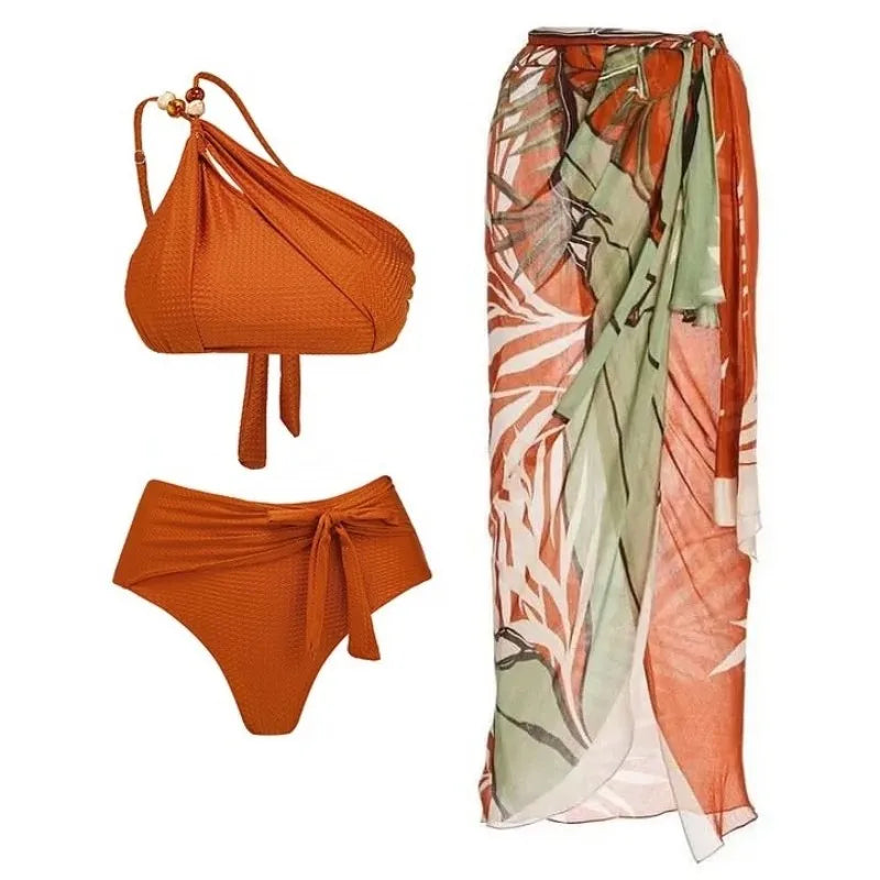 One Shoulder with Bead 3 Pieces Sets Bikinis+Skirt Women  Biqunis Beachwear Bathing Suit Solid Monokini Summer Swimming Suit