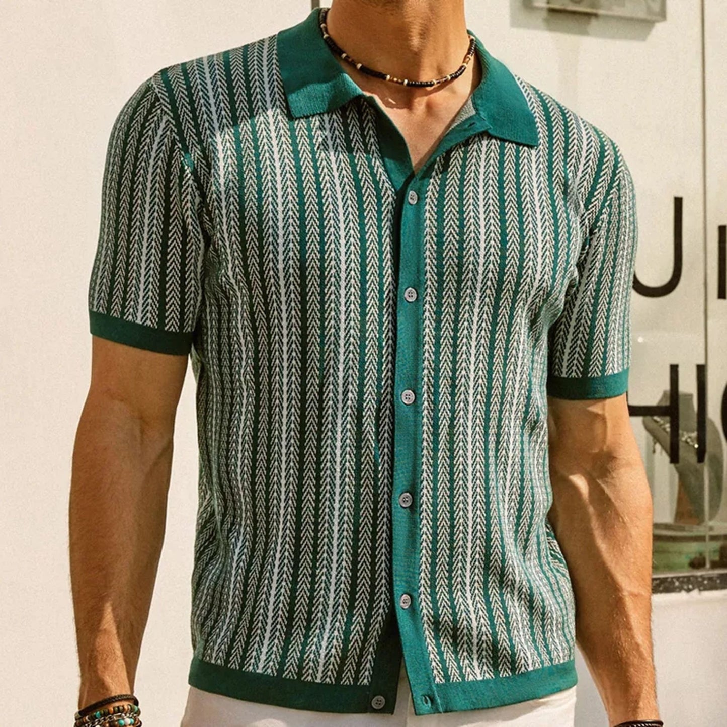 Short sleeved knitted sweater summer new striped jacquard business polo shirt Father's Day gift