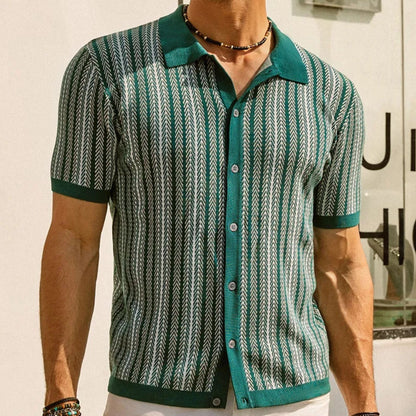 Short sleeved knitted sweater summer new striped jacquard business polo shirt Father's Day gift