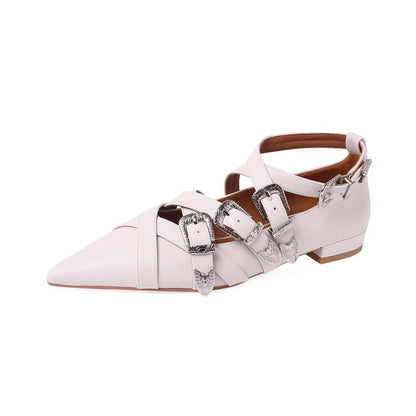 Punk Multi Metal Buckle Flat Shoes Women Real Genuine Leather Cross-band Pointed Toe Flats Ladies Casual Shoes Comfort