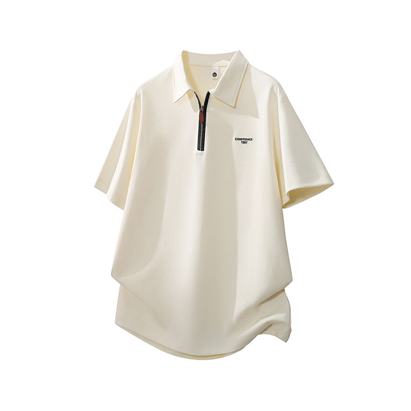 Men's Zipper Letter Embroidery Short Sleeve Polo Shirt