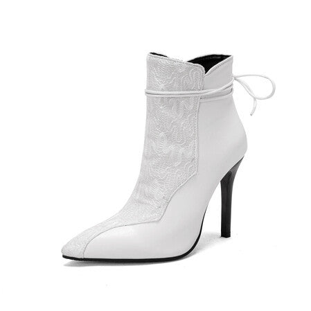 Sexy Autumn and Winter Leopard Print Colorblock Lace Up Stiletto Pointed Toe Ladies Short Boots