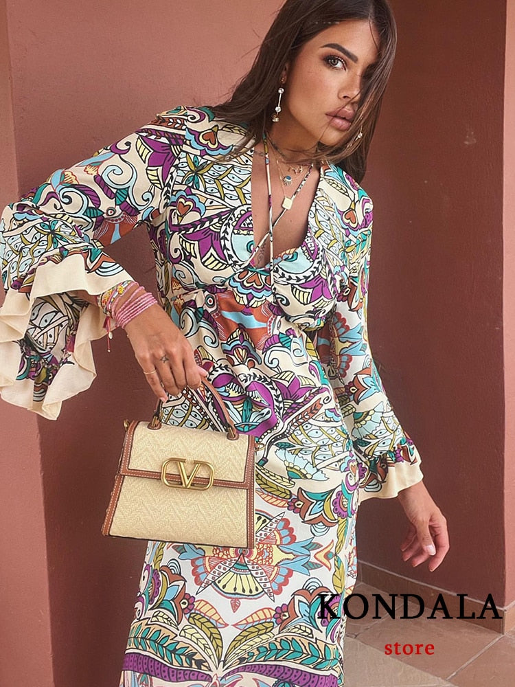 Vintage lange jurk met bloemenprint V-hals losse pasvorm mouwen en zoom met ruches