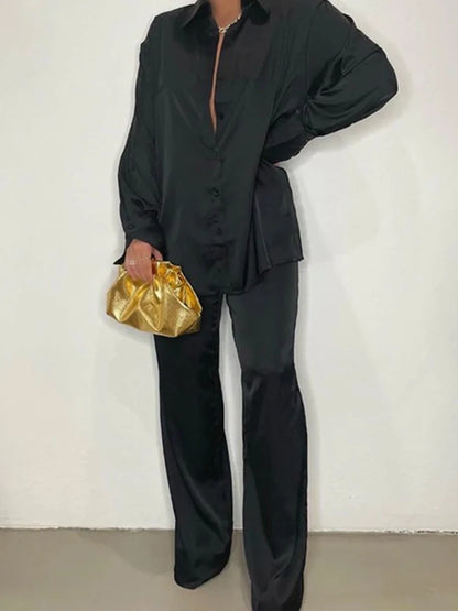 Elegant Satin Women's Matching Sets Casual Long Sleeve Shirt Straight Pants Suit Female  Loose Solid Tops Two Pieces Outfits