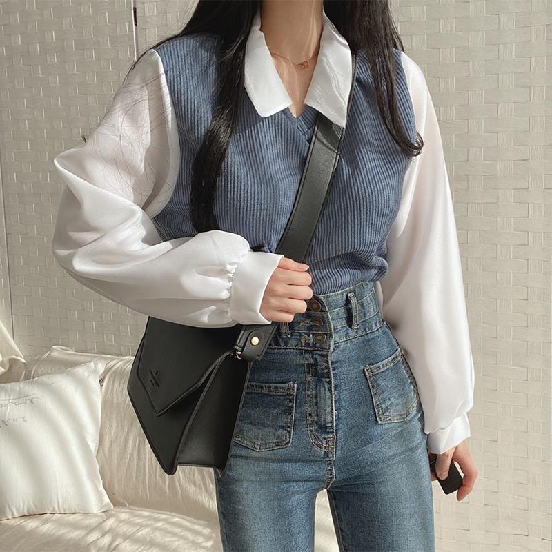 Chic Oversized Two-Piece Look Women's Long Sleeve Polo Neck Sweatshirt with Ribbed Stitching, Loose Fit and Versatile Casual Top