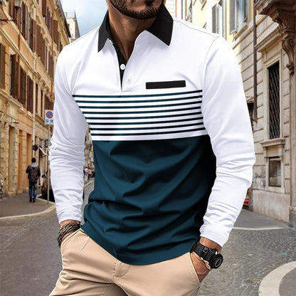 Heren poloshirt met color-block strepen zak en lange mouwen