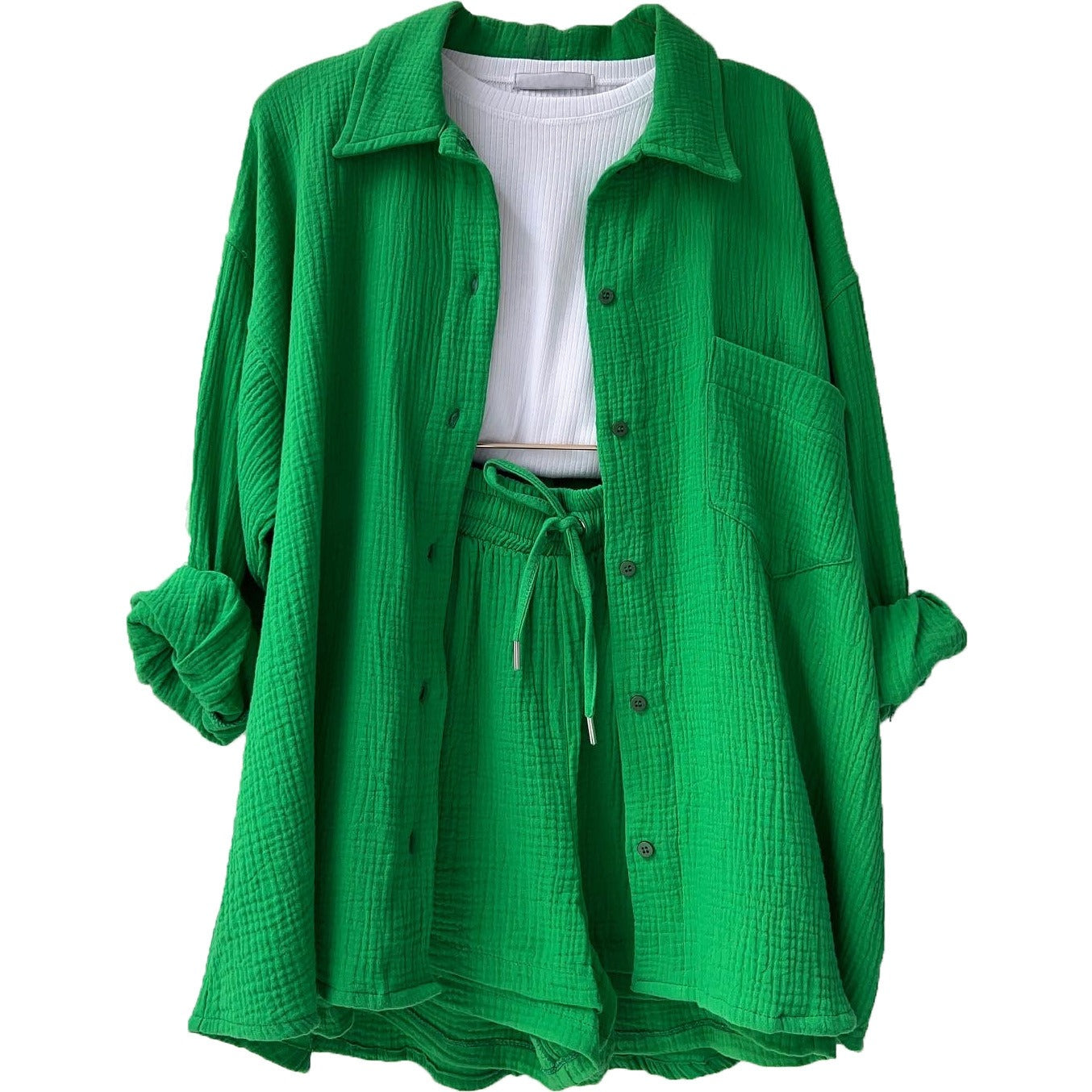 Wrinkled collar long sleeved shirt high waisted drawstring shorts two-piece set