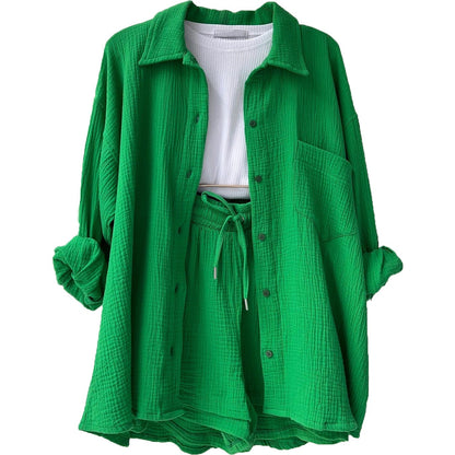 Wrinkled collar long sleeved shirt high waisted drawstring shorts two-piece set