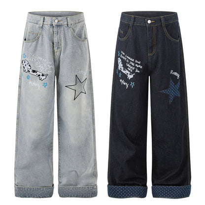 Cartoon embroidery used denim pants