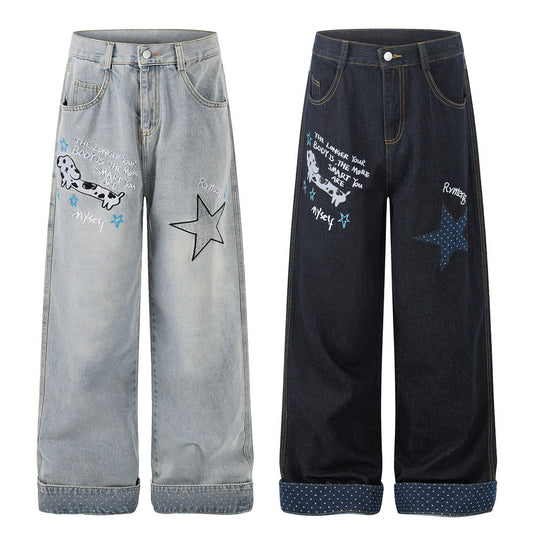 Cartoon embroidery used denim pants