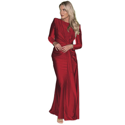 Elegant Long Sleeve Knot Solid Color Dress for Autumn and Winter