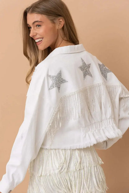 Autumn Winter Women Stars Sequined Tassels Denim Coat Raw Edge Chains Fringed Ripped Jeans Jacket Outwear Cardigan Chaquetas