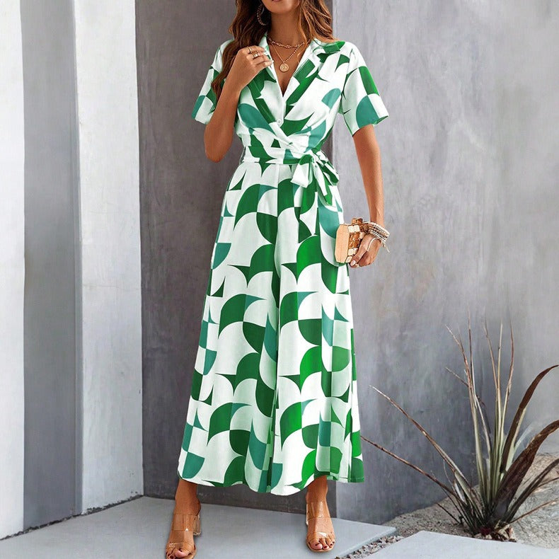 Spring and summer women's temperament short sleeved contrasting printed high waisted jumpsuit