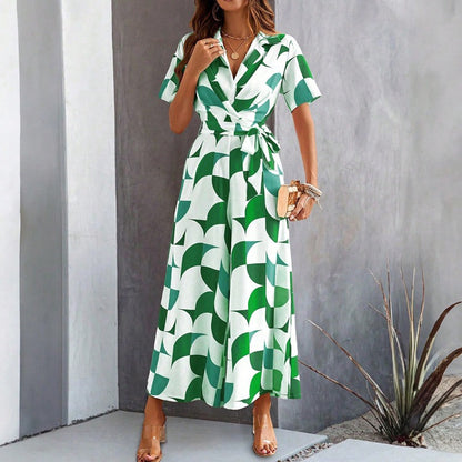 Spring and summer women's temperament short sleeved contrasting printed high waisted jumpsuit