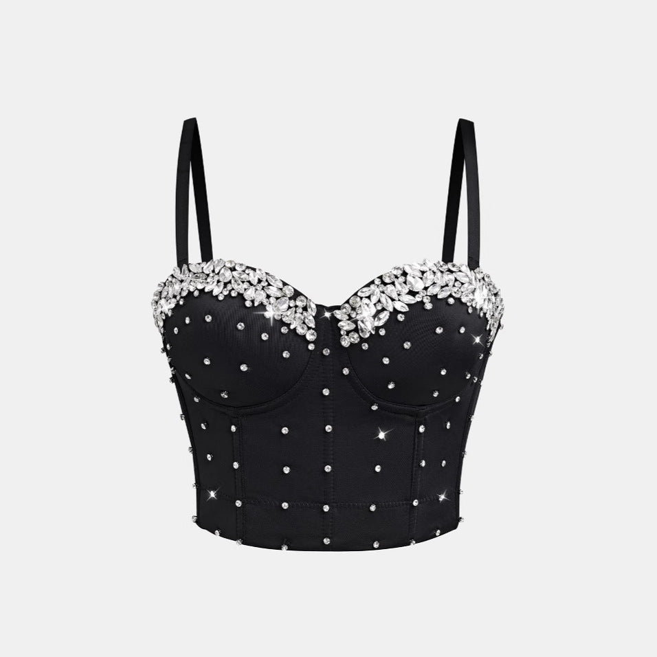 Strapless Camisole Sexy Boned Bustier Heavy Work Rhinestone Studs Stage Wear