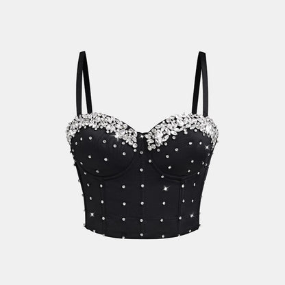 Strapless Camisole Sexy Boned Bustier Heavy Work Rhinestone Studs Stage Wear