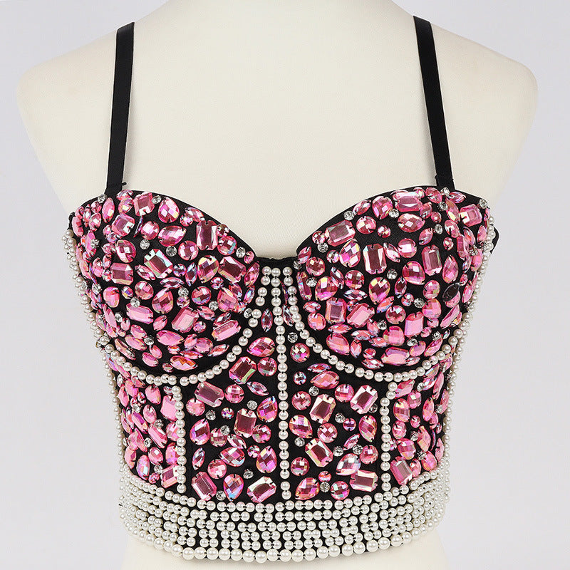 Rhinestone Beaded Fitted Bustier Bralette Camisole Small Strap