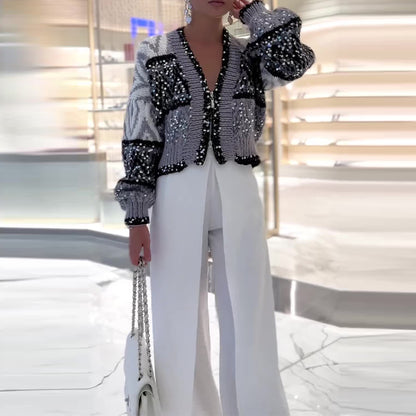 Modieuze patchwork vest met pailletten sexy V-hals ritssluiting en lange mouwen
