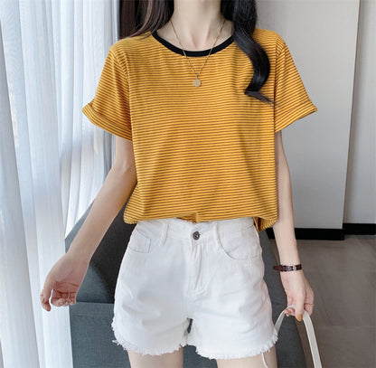 Striped T-Shirt Short Sleeve Women's Summer Casual Round Neck Loose Fit Trendy Minimalist Student Top