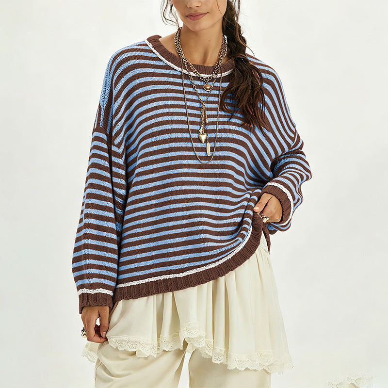 Round neck loose striped long sleeved sweater