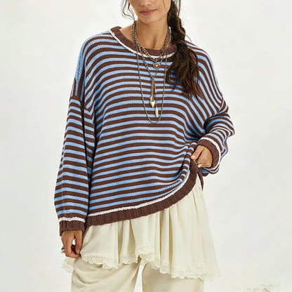 Round neck loose striped long sleeved sweater