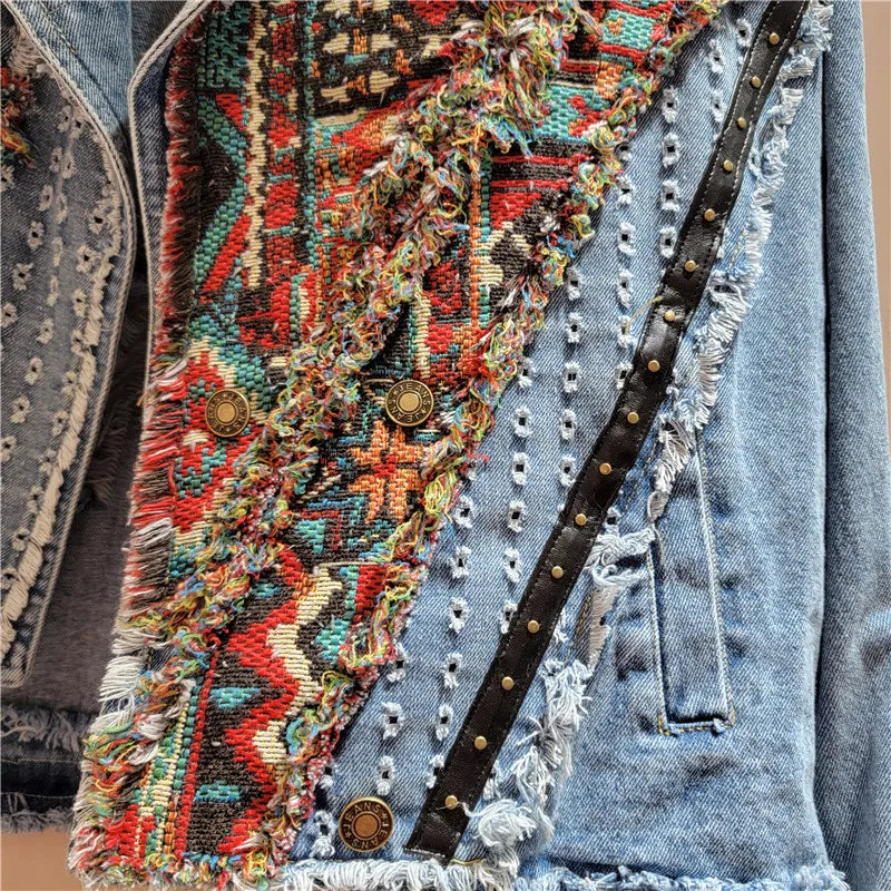 Dames etnisch geometrische bloemen geborduurde denimjack met klinknagels