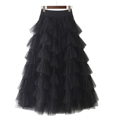 Summer Temperament Fluffy Cakee Tulle Maxi Long Skirt Multi-layered Irregular Fairy Anke Long Mesh Skirt