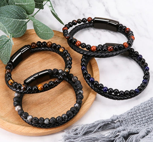 Natuursteen gevlochten armband van echt leer voor heren