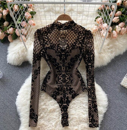 All-In-One Sexy See-Through Long-Sleeved Slim Bottoming Top Leopard-Print Plaid Slim Jumpsuit