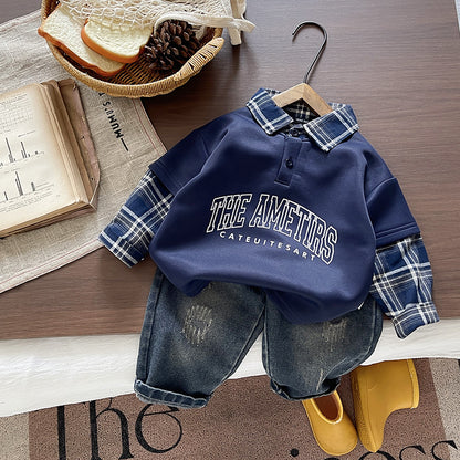 Autumn placket long sleeved two-piece set for infants and children