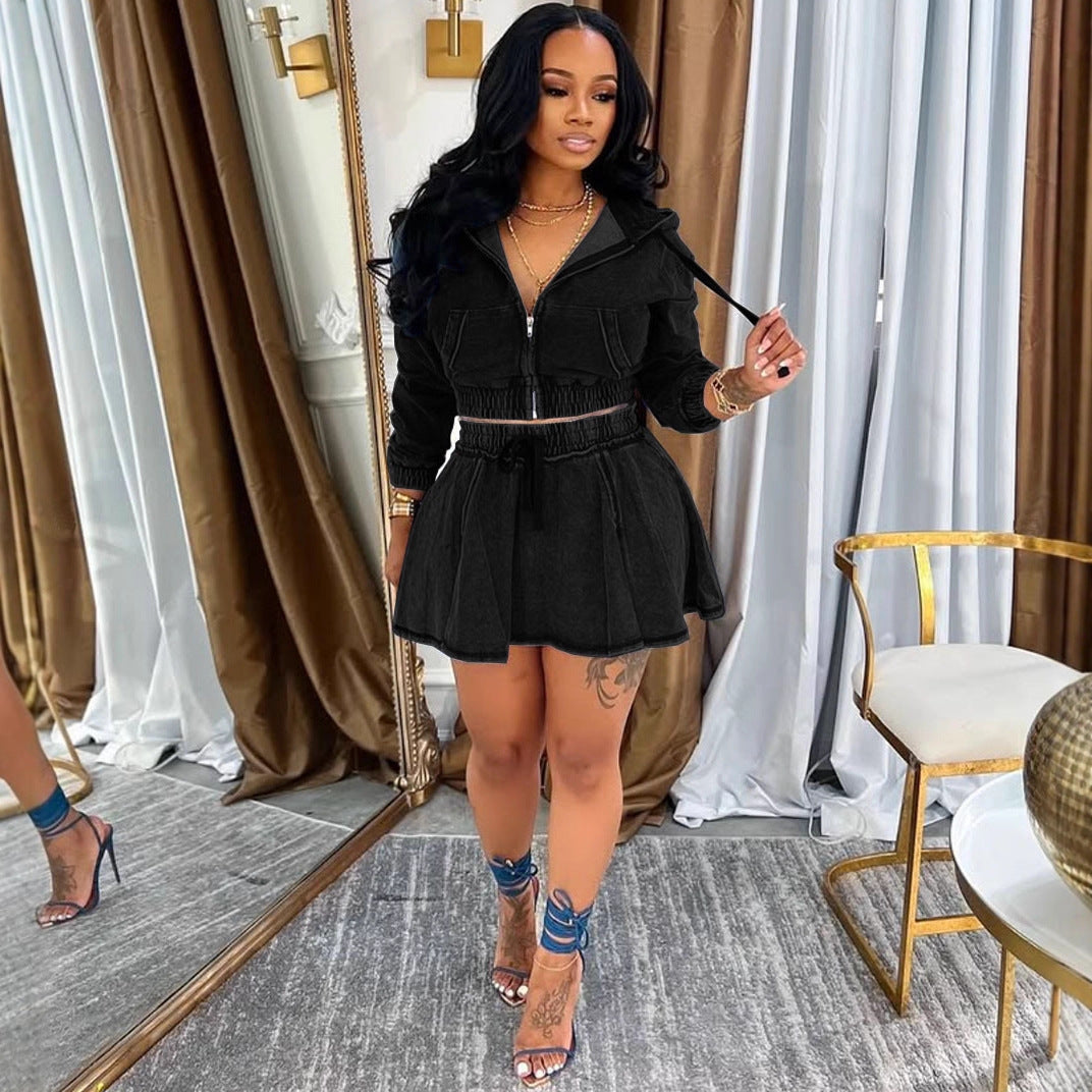 Women's Casual Dress Set, Washed Denim Jacket with Mini Skirt, Autumn Winter New Style Fashion Outfit