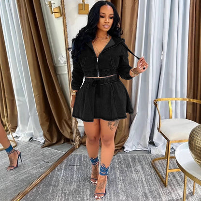 Women's Casual Dress Set, Washed Denim Jacket with Mini Skirt, Autumn Winter New Style Fashion Outfit