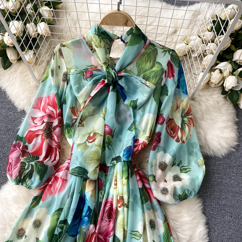 New Summer Print Chiffon Beach Dress Women Long Midi Big Swing Boho Vacation Dresses