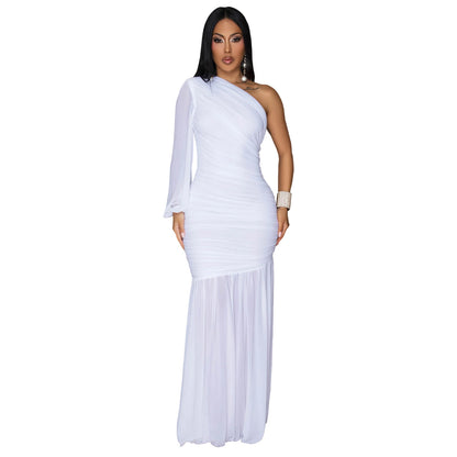 Fashion Women's Sexy Asymmetrical Sleeve Mesh Elegant Dress