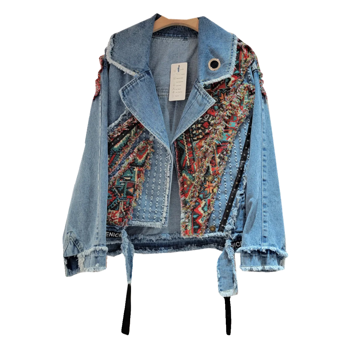 Dames etnisch geometrische bloemen geborduurde denimjack met klinknagels