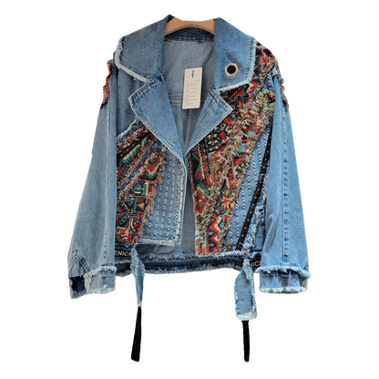 Dames etnisch geometrische bloemen geborduurde denimjack met klinknagels