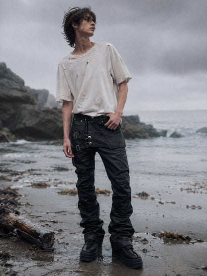Unisex Multi-Pocket Deconstructed Layered Coated Slightly Flared Denim Jeans