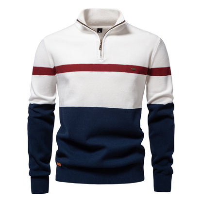 Men's Slim Fit Stand Collar Half-Zip Color-Block Knit Sweater