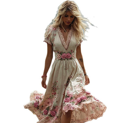 Creatieve dames boho-jurk met borduurwerk en print