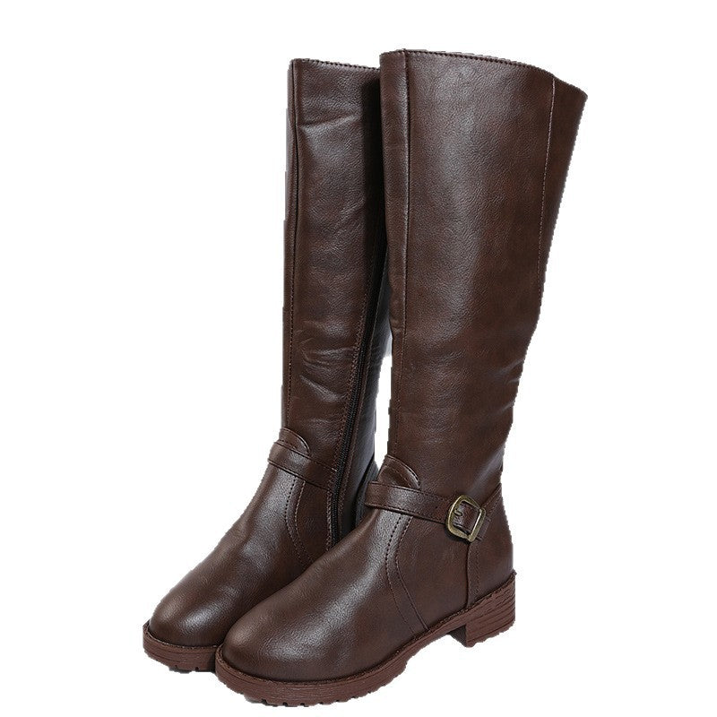 Women's Zip-Up Low Heel High Tube Leather Boots with Knight Style